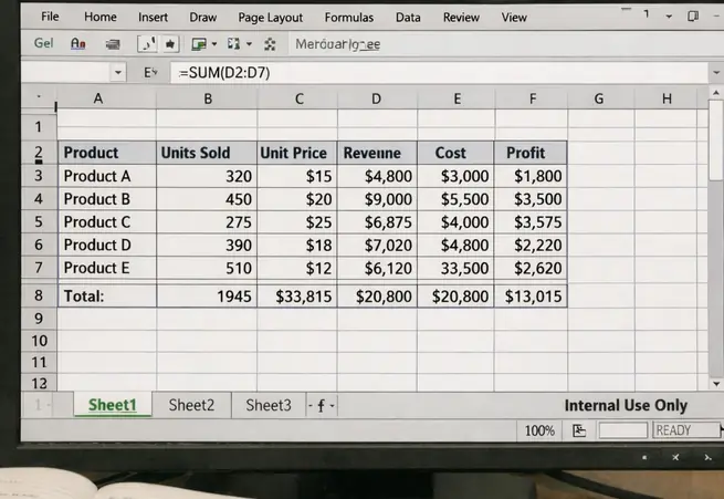 Spreadsheet showing modern office open floor workspace unposed analysis, formula bar, cell references, multiple sheets,