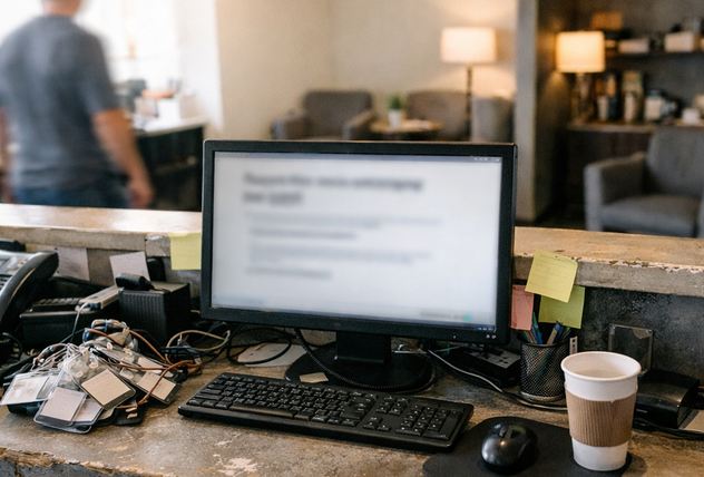 Company lobby or reception area with a worn check-in counter and a small waiting nook