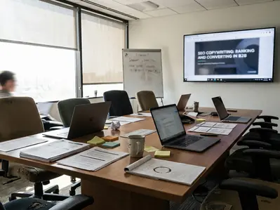 Conference room meeting setup with a long table, mismatched chairs, and a wall-mounted screen showing