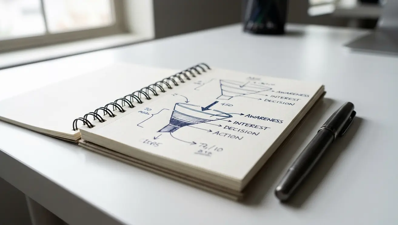 A minimalist white desk in a modern office, featuring a wirebound notebook with hand-drawn conversion